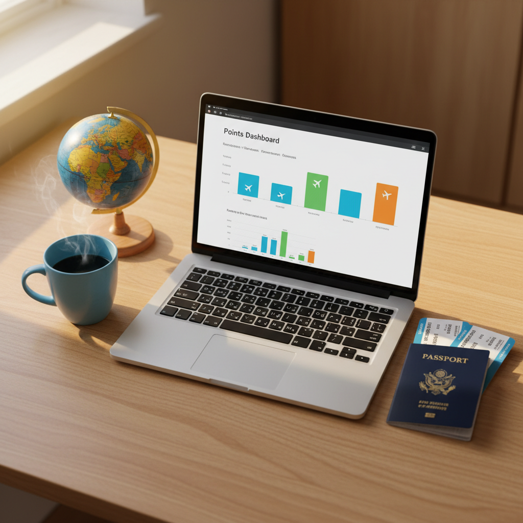An overhead shot of an open silver laptop on a light oak desk, displaying a colorful points dashboard with bar graphs and airplane icons on the screen, next to a passport and a neatly stacked pair of boarding passes. A ceramic sky-blue mug with faint steam rising stands nearby, beside a small globe with slightly worn, matte surface and rich, saturated colors. Late afternoon natural light streams in from the left, creating warm highlights on the laptop keys and soft shadows behind the objects. Photographic realism, clean and uncluttered, with a shallow depth of field that keeps the central items crisp while the background gently blurs. The atmosphere is productive yet playful, conveying stress-free travel reward planning.