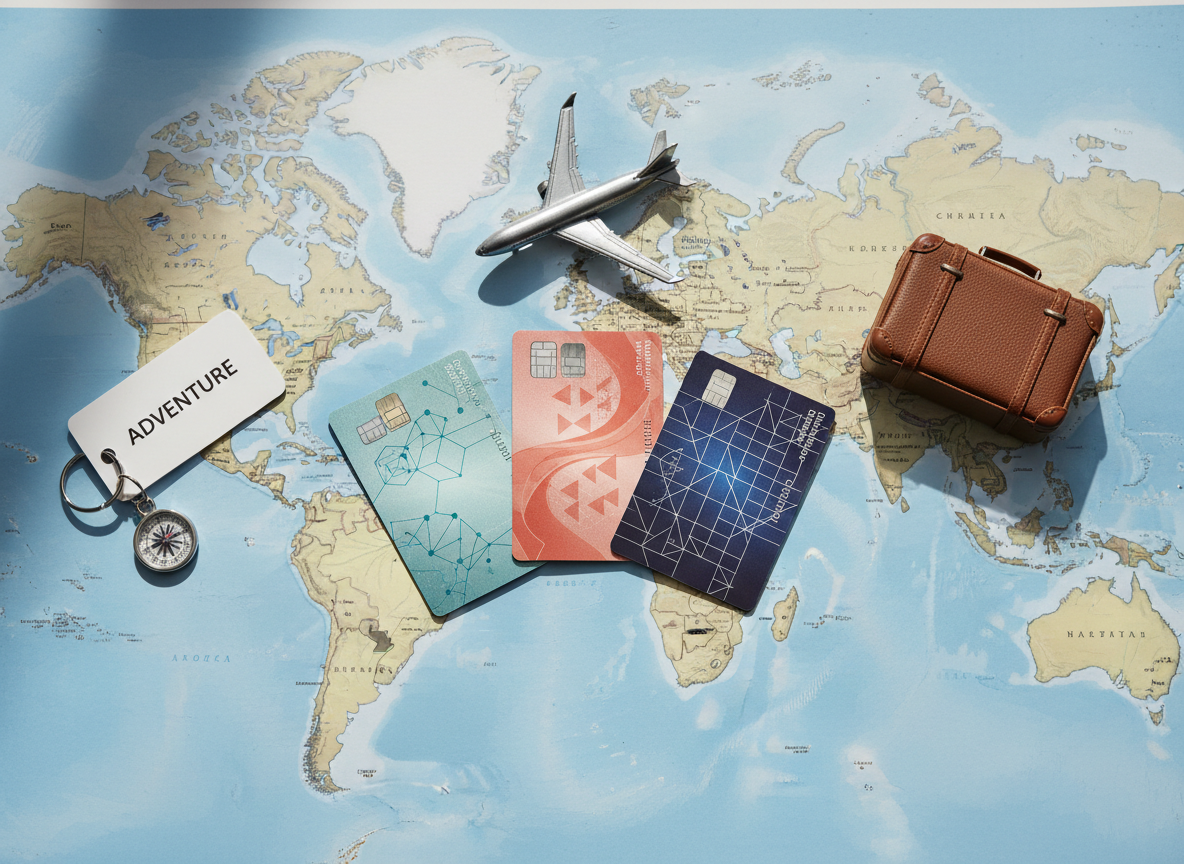 A neatly arranged flat lay of three sleek travel rewards credit cards fanned across a world map, each card featuring abstract geometric designs in teal, coral, and deep navy with a subtle metallic sheen. Around them sit a small toy airplane, a miniature suitcase with textured faux-leather finish, and a hotel keycard on a keyring. Soft daylight from a nearby window washes over the scene, creating gentle highlights on the card surfaces and faint shadows along the map’s folds. Photographic realism with a clean, modern look, shot from a bird’s eye view with sharp focus throughout. The mood is playful and optimistic, suggesting simple, fun ways to unlock free flights and hotels.